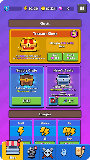 Chests and energies in the game shop