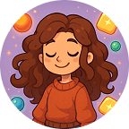 A cartoon-style female avatar with long curly brown hair