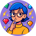 A cartoon-style female avatar with short blue hair